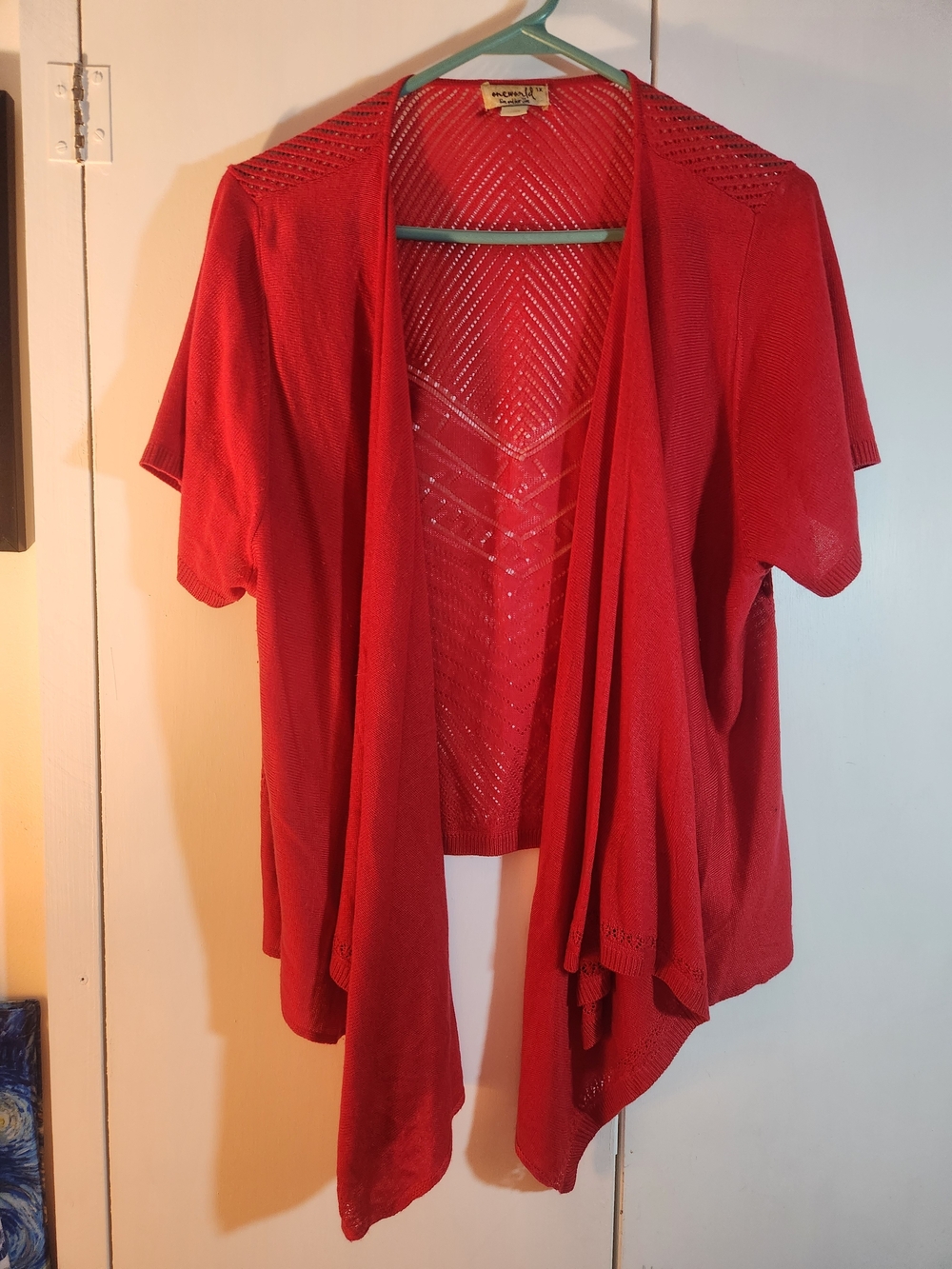 ONE WORLD Red Open-Front Short-Sleeve Knit Cardigan